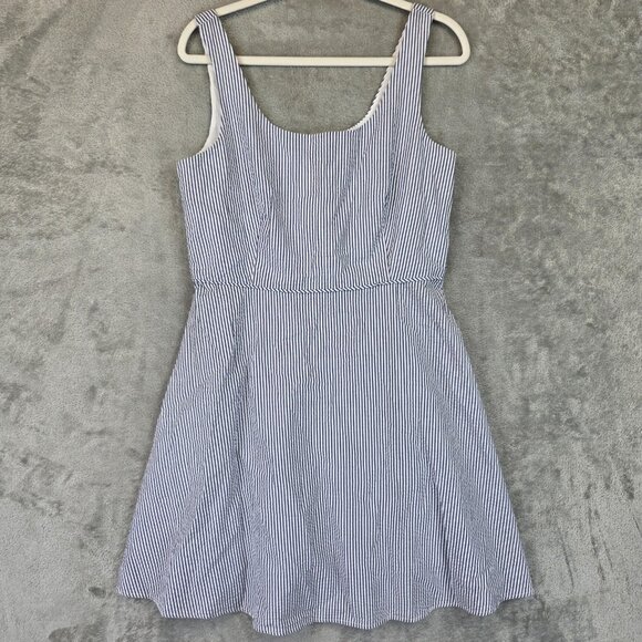 Uniqlo Seersucker Dress Womens L  Blue White Striped Sleeveless Fit Flare Summer - Picture 1 of 13